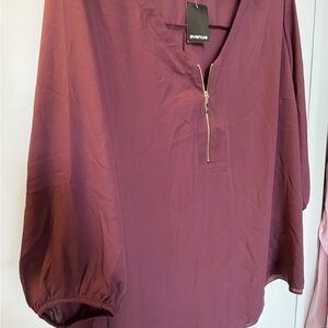 Avenue Wine Zip-Front Blouse with Gathered Sleeves